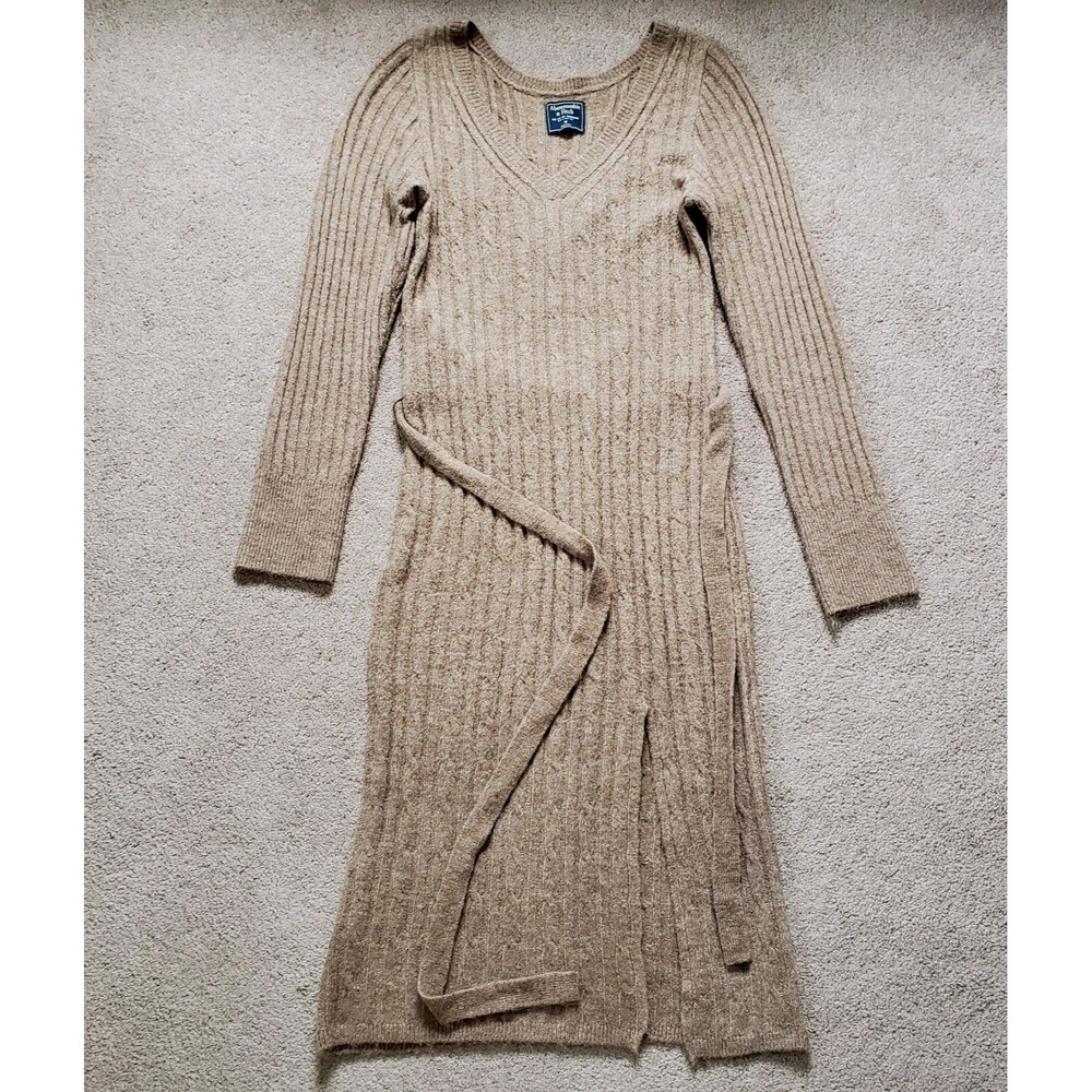 Abercrombie & Fitch Tan Ribbed Knit Midi Sweater Dress Tie Waist Belt Size Med